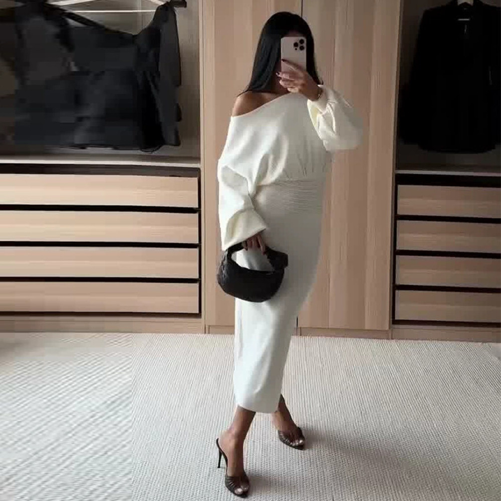 Forever 21 White Asymmetric Neckline Long-Sleeve Bodycon Midi Dress